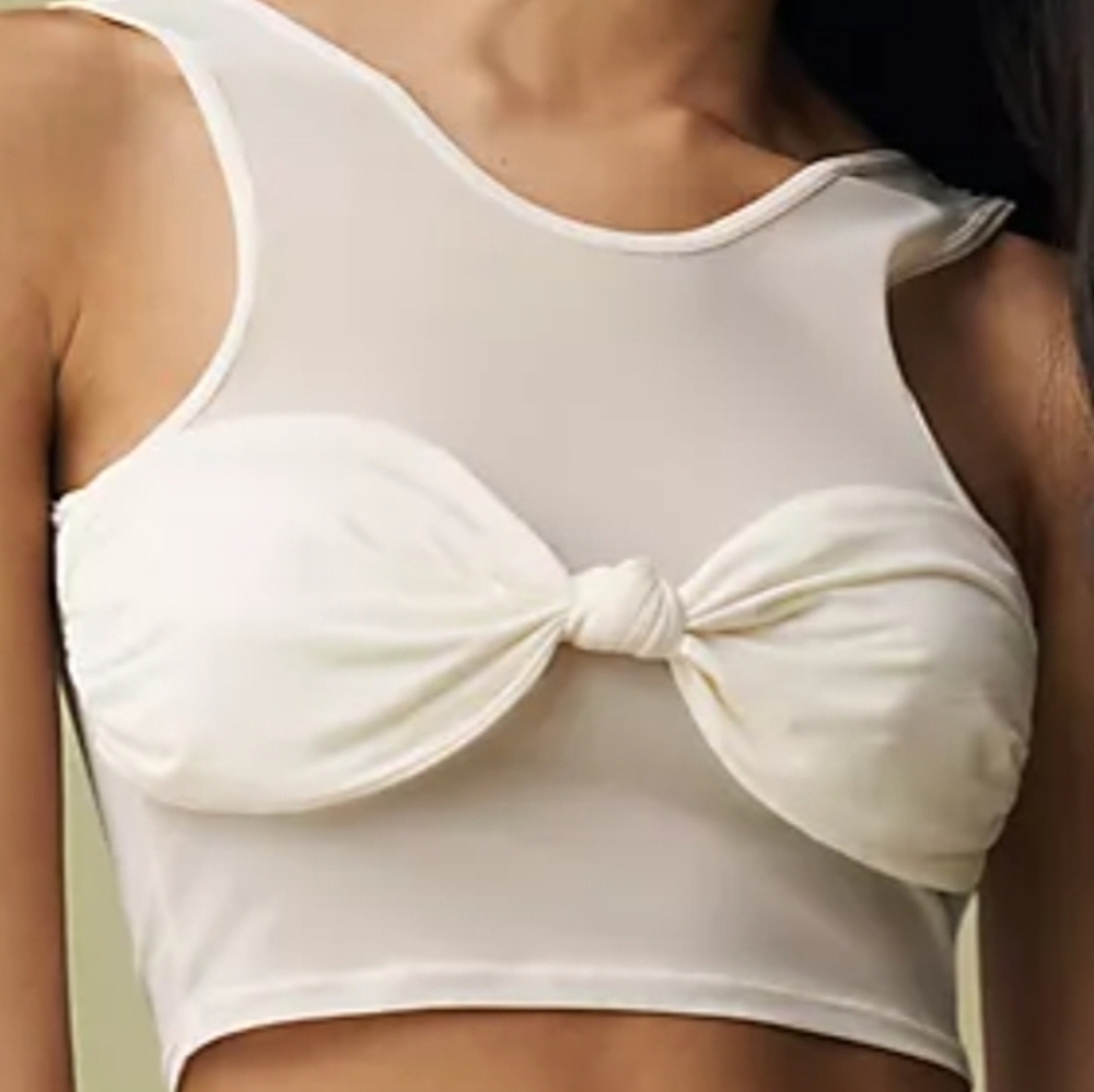 Anthropologie Knot-Front Mesh Crop Tank Top - Cream